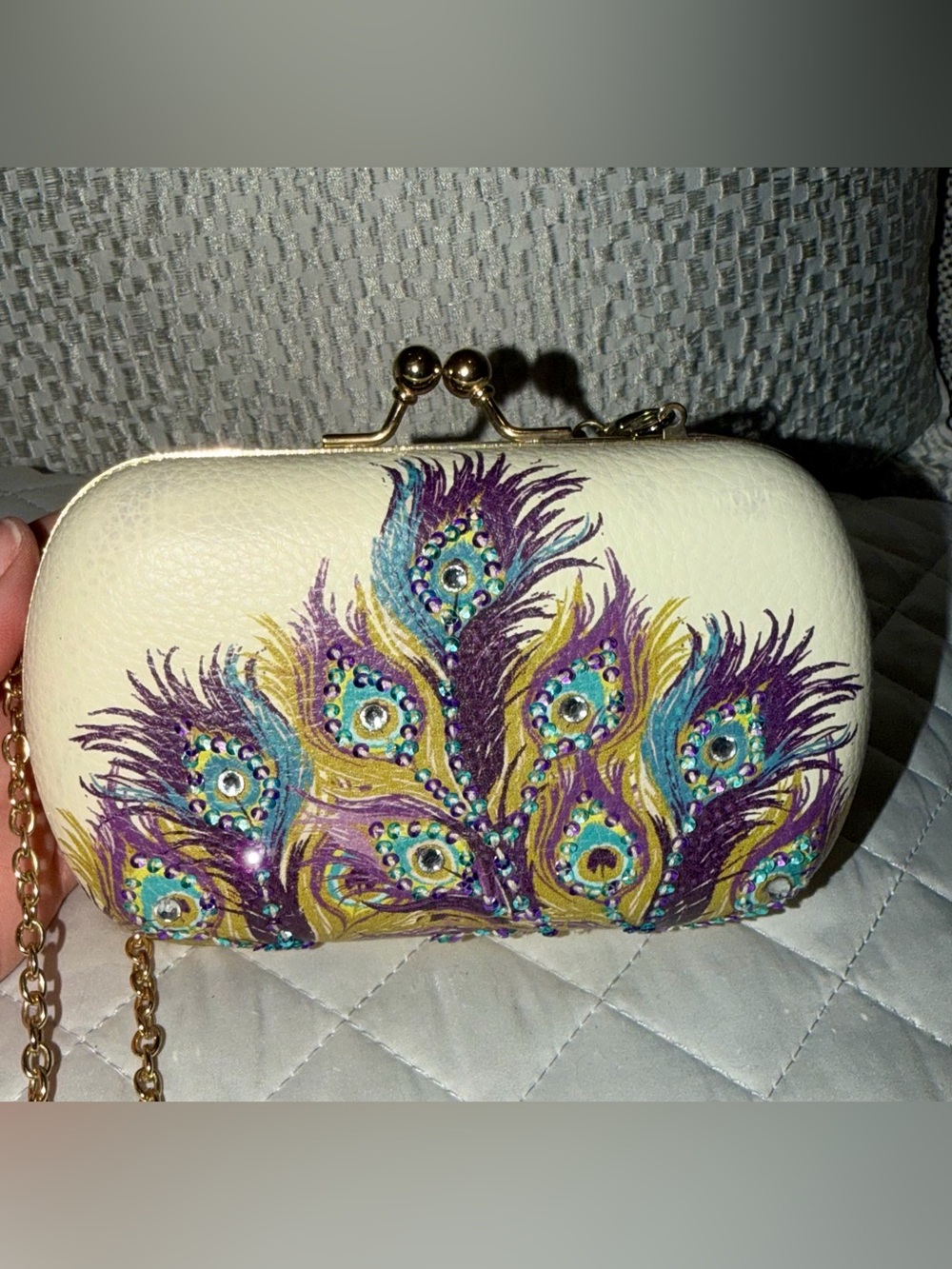 Ivory Peacock Feather Embellished Clutch